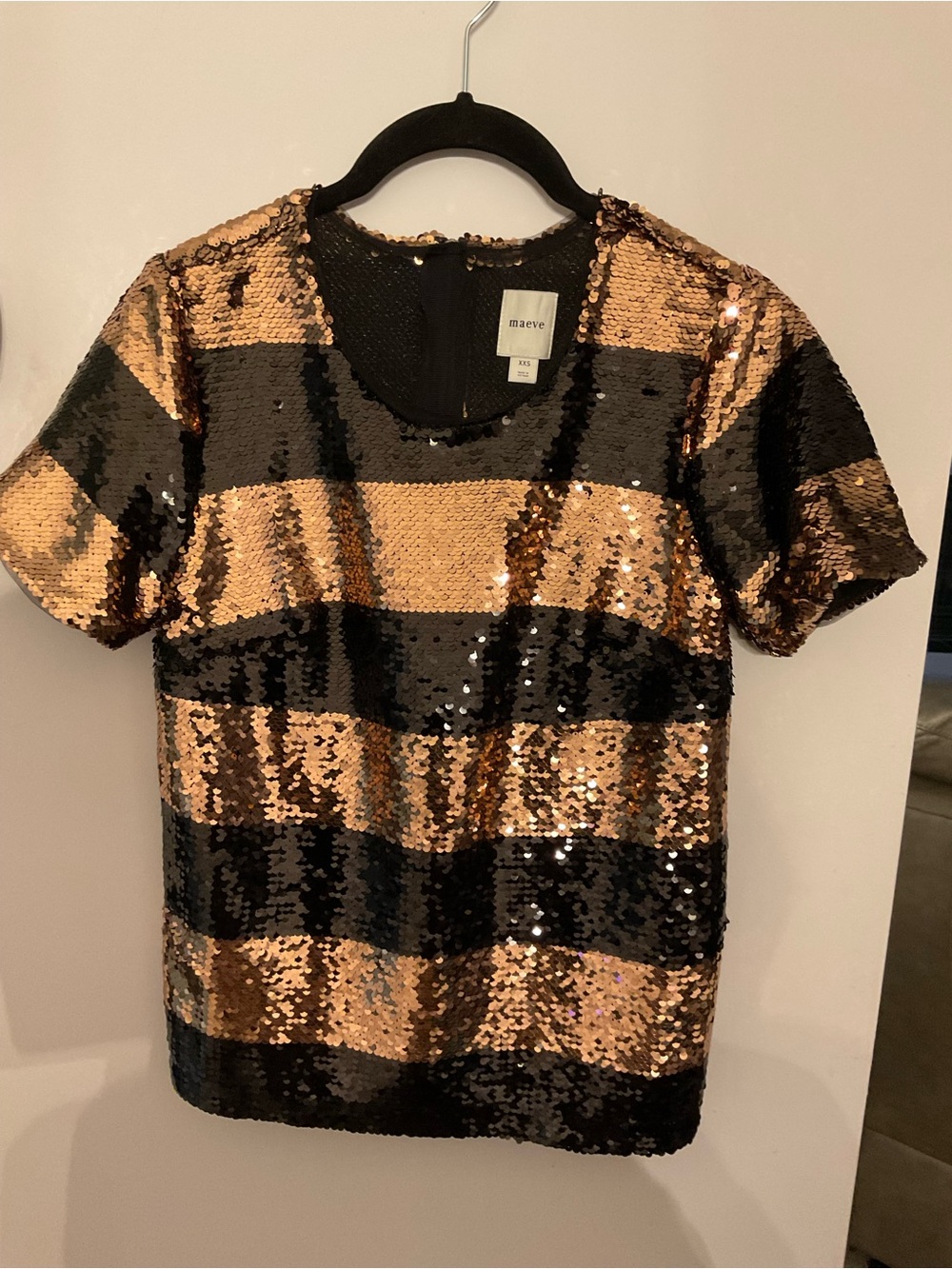 Maeve Black and Gold Striped Sequin Short-Sleeve Tee XXS